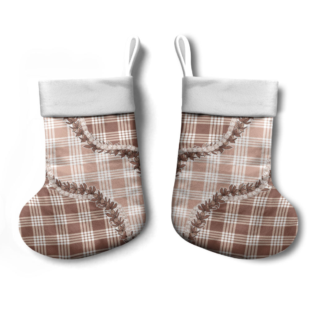 Beige Hawaii Palaka Christmas Stocking Hawaiian Pikake Lei