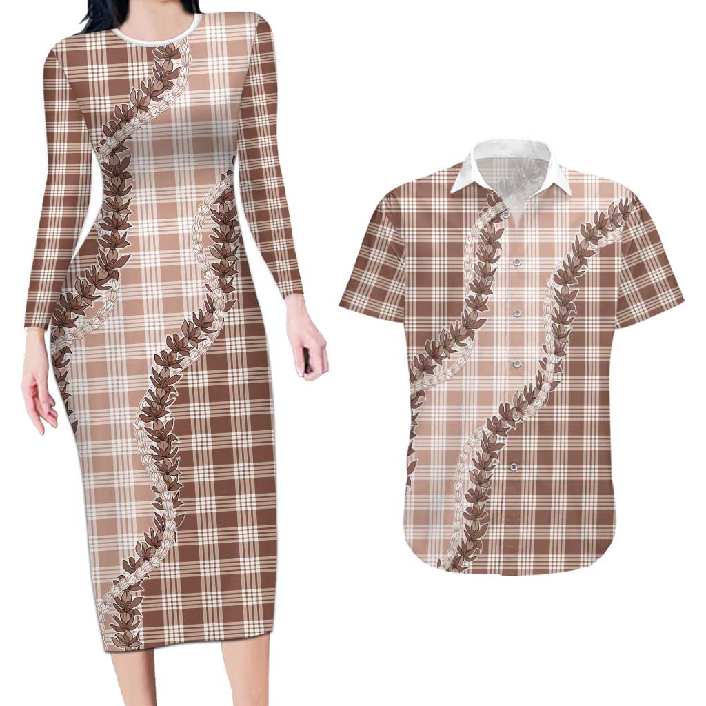 Beige Hawaii Palaka Couples Matching Long Sleeve Bodycon Dress and Hawaiian Shirt Hawaiian Pikake Lei LT05 Beige - Polynesian Pride