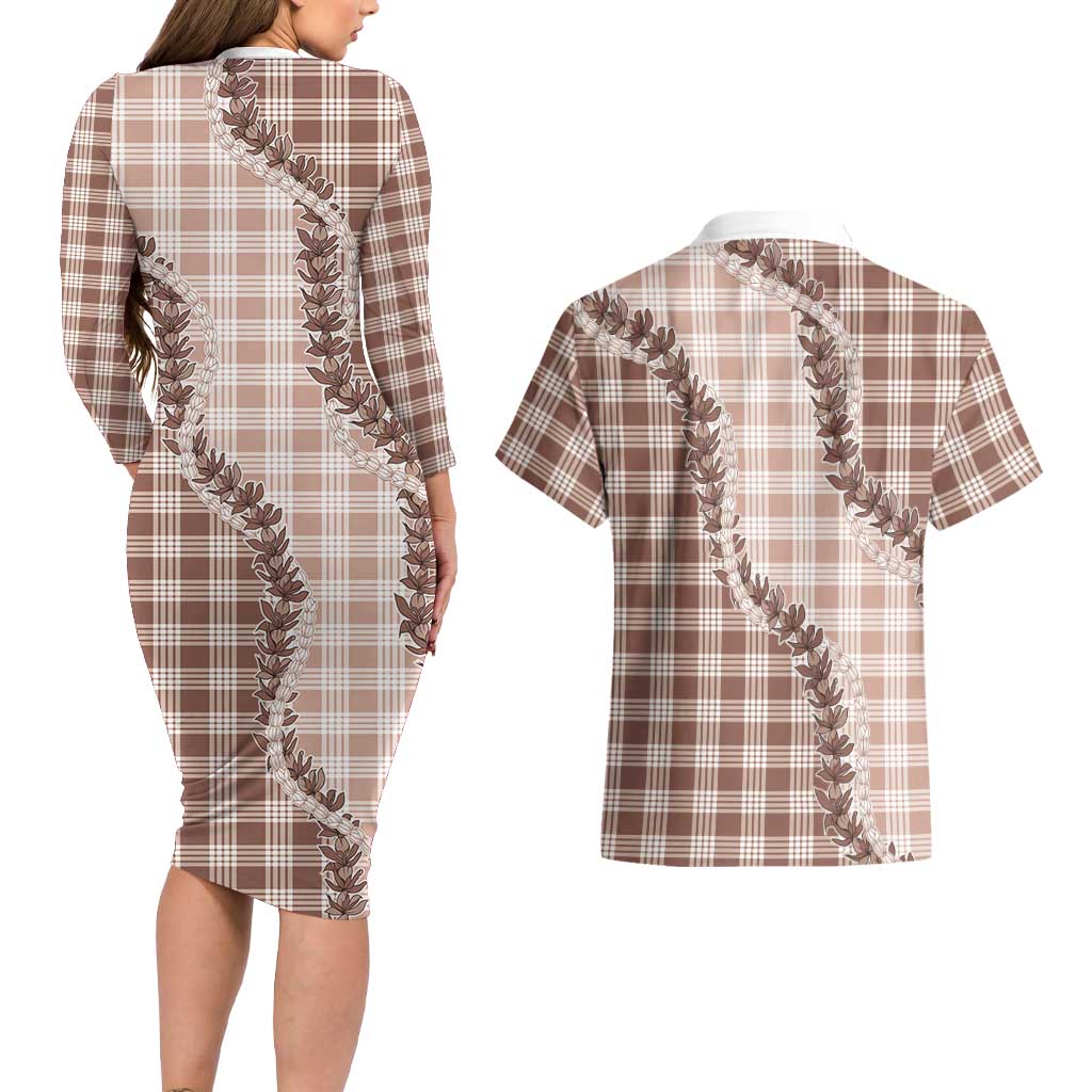 Beige Hawaii Palaka Couples Matching Long Sleeve Bodycon Dress and Hawaiian Shirt Hawaiian Pikake Lei LT05 - Polynesian Pride