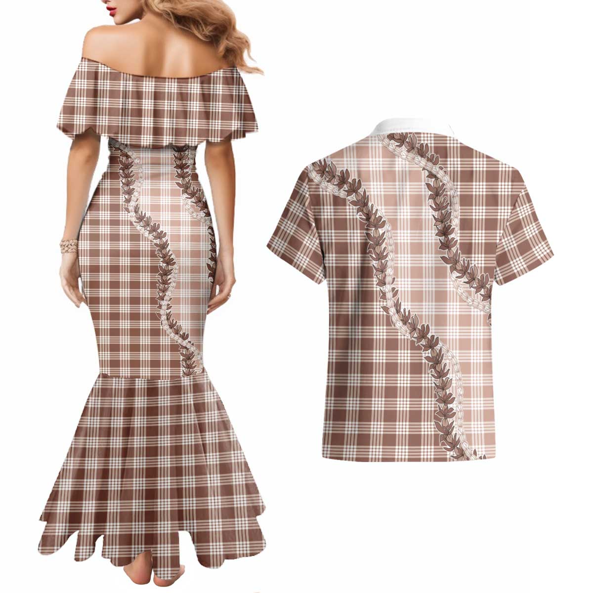 Beige Hawaii Palaka Couples Matching Mermaid Dress and Hawaiian Shirt Hawaiian Pikake Lei LT05 - Polynesian Pride