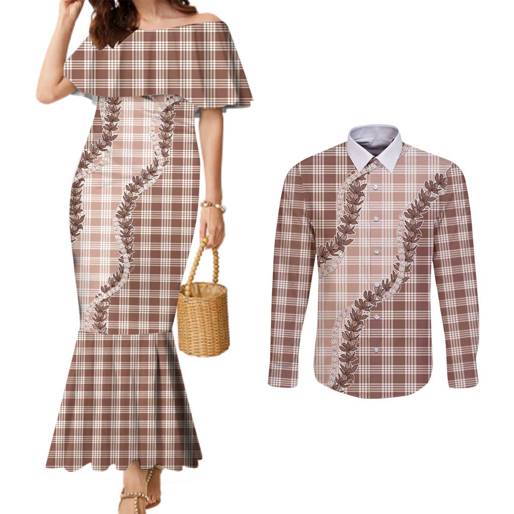 Beige Hawaii Palaka Couples Matching Mermaid Dress and Long Sleeve Button Shirt Hawaiian Pikake Lei