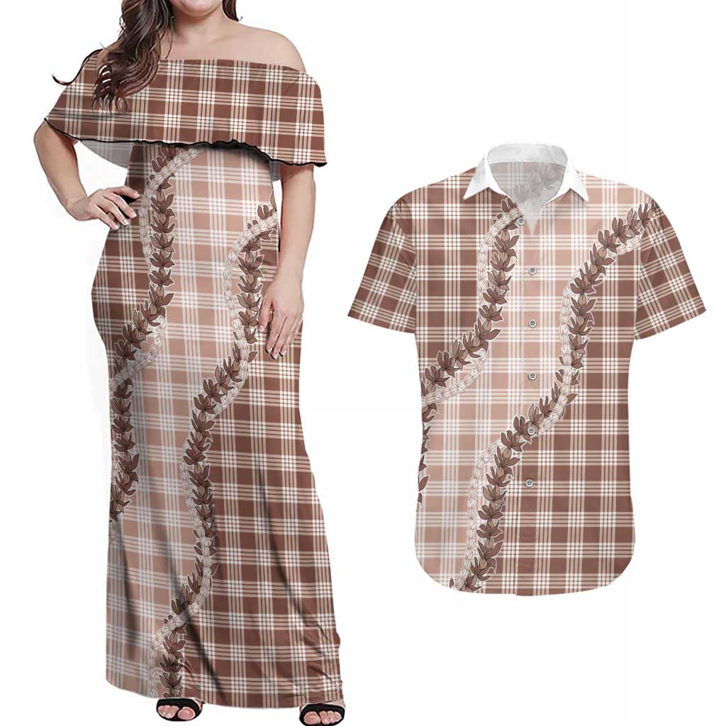 Beige Hawaii Palaka Couples Matching Off Shoulder Maxi Dress and Hawaiian Shirt Hawaiian Pikake Lei LT05 Beige - Polynesian Pride