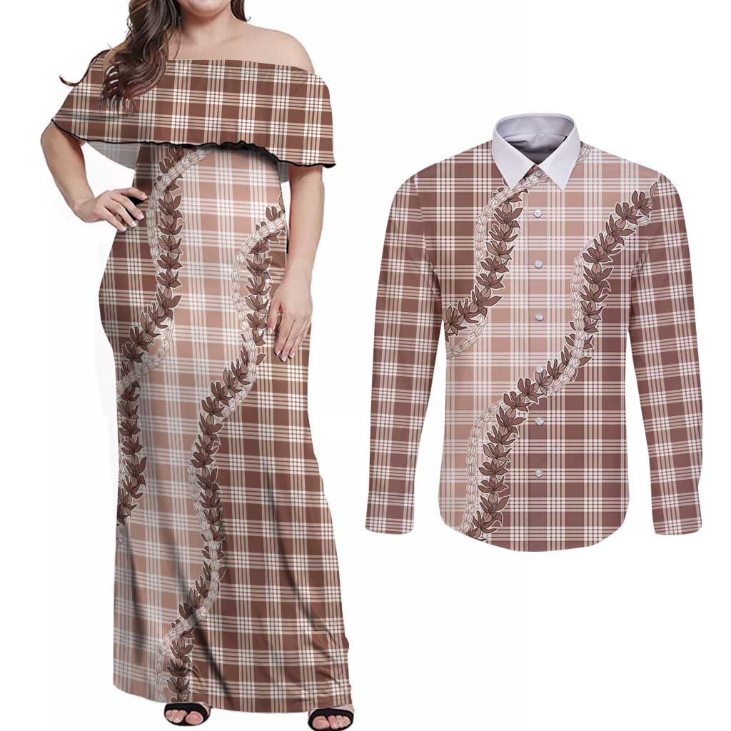 Beige Hawaii Palaka Couples Matching Off Shoulder Maxi Dress and Long Sleeve Button Shirt Hawaiian Pikake Lei