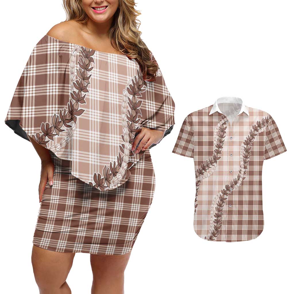 Beige Hawaii Palaka Couples Matching Off Shoulder Short Dress and Hawaiian Shirt Hawaiian Pikake Lei