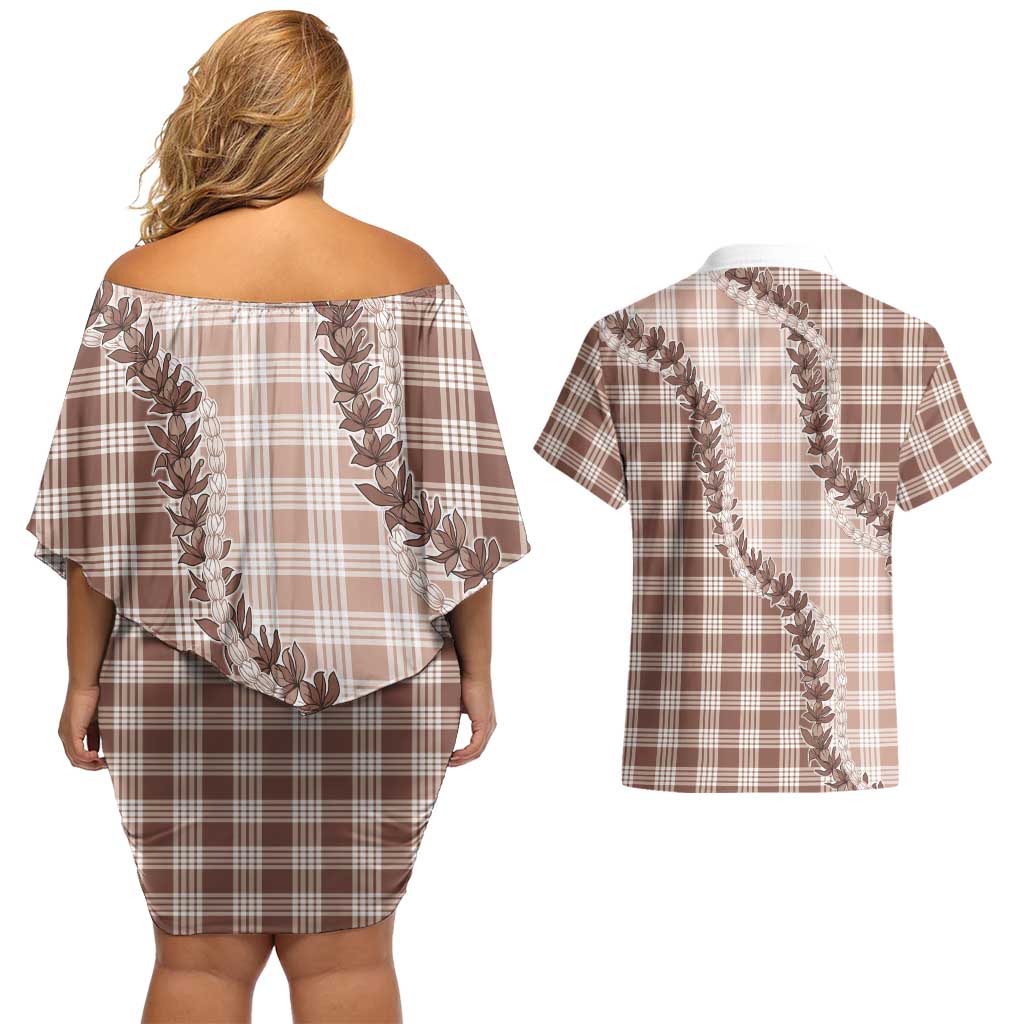 Beige Hawaii Palaka Couples Matching Off Shoulder Short Dress and Hawaiian Shirt Hawaiian Pikake Lei LT05 - Polynesian Pride