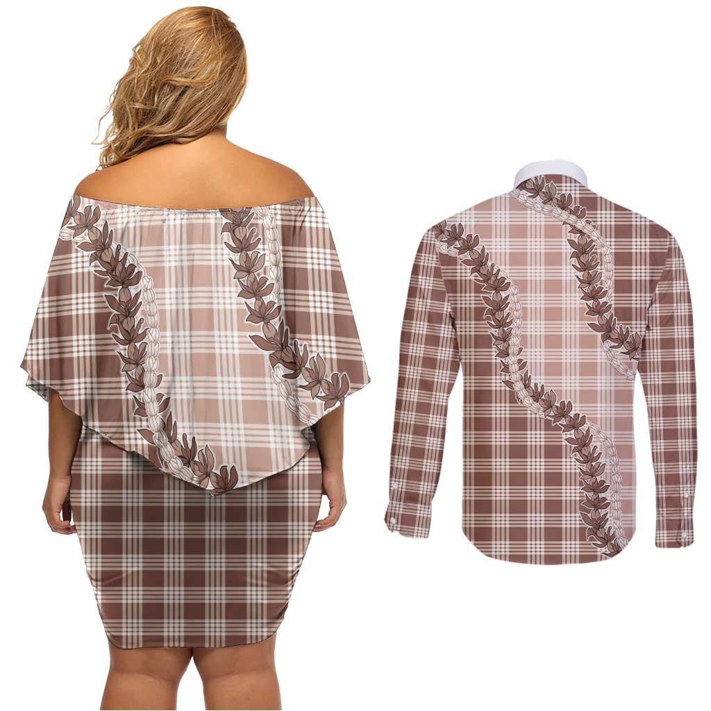Beige Hawaii Palaka Couples Matching Off Shoulder Short Dress and Long Sleeve Button Shirt Hawaiian Pikake Lei