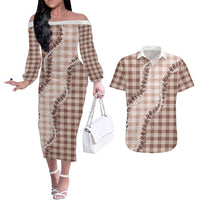 Beige Hawaii Palaka Couples Matching Off The Shoulder Long Sleeve Dress and Hawaiian Shirt Hawaiian Pikake Lei LT05 Beige - Polynesian Pride