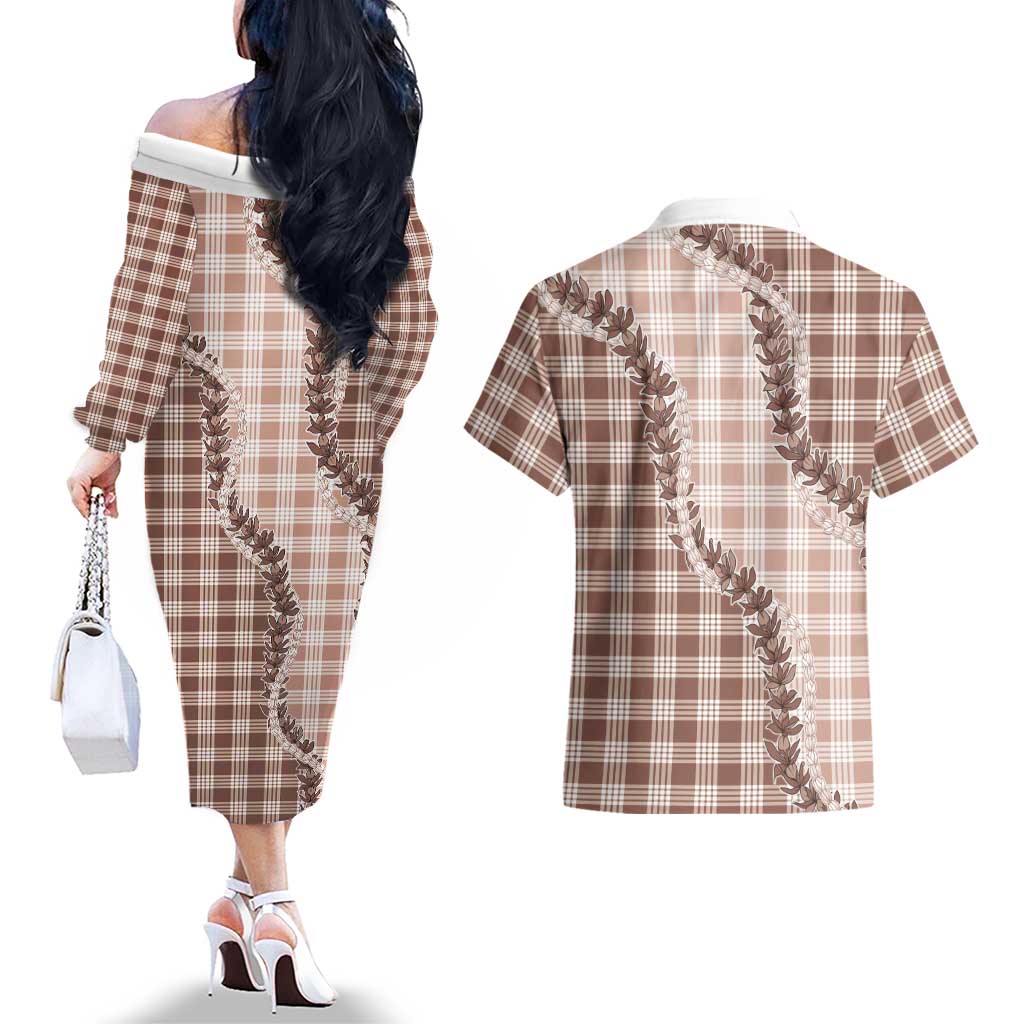 Beige Hawaii Palaka Couples Matching Off The Shoulder Long Sleeve Dress and Hawaiian Shirt Hawaiian Pikake Lei LT05 - Polynesian Pride