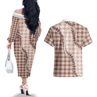 Beige Hawaii Palaka Couples Matching Off The Shoulder Long Sleeve Dress and Hawaiian Shirt Hawaiian Pikake Lei LT05 - Polynesian Pride