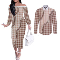 Beige Hawaii Palaka Couples Matching Off The Shoulder Long Sleeve Dress and Long Sleeve Button Shirt Hawaiian Pikake Lei LT05 Beige - Polynesian Pride