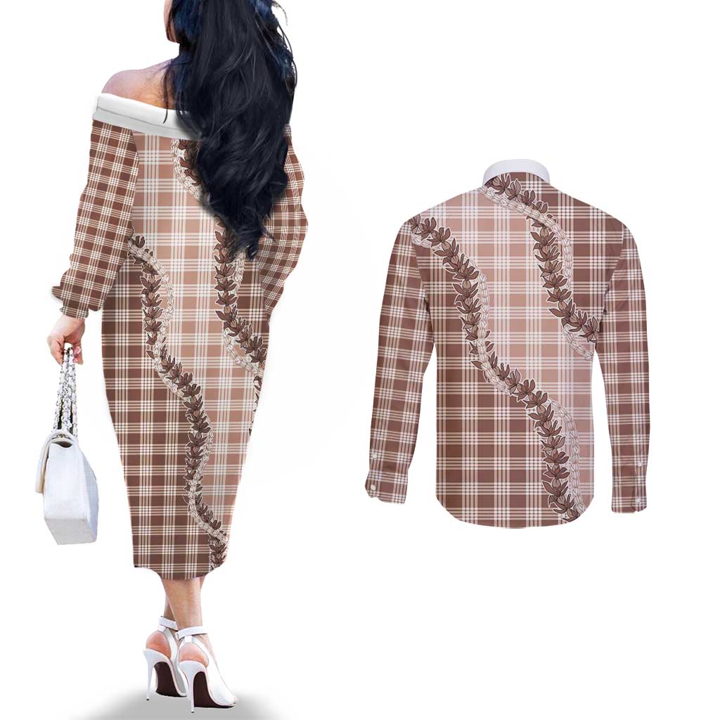 Beige Hawaii Palaka Couples Matching Off The Shoulder Long Sleeve Dress and Long Sleeve Button Shirt Hawaiian Pikake Lei LT05 - Polynesian Pride