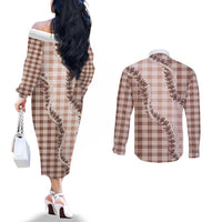Beige Hawaii Palaka Couples Matching Off The Shoulder Long Sleeve Dress and Long Sleeve Button Shirt Hawaiian Pikake Lei LT05 - Polynesian Pride