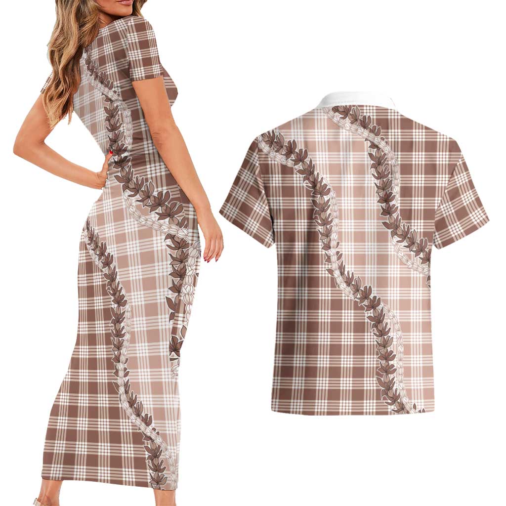 Beige Hawaii Palaka Couples Matching Short Sleeve Bodycon Dress and Hawaiian Shirt Hawaiian Pikake Lei LT05 - Polynesian Pride