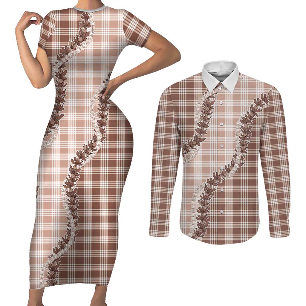 Beige Hawaii Palaka Couples Matching Short Sleeve Bodycon Dress and Long Sleeve Button Shirt Hawaiian Pikake Lei LT05 Beige - Polynesian Pride