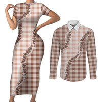 Beige Hawaii Palaka Couples Matching Short Sleeve Bodycon Dress and Long Sleeve Button Shirt Hawaiian Pikake Lei LT05 Beige - Polynesian Pride