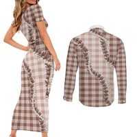 Beige Hawaii Palaka Couples Matching Short Sleeve Bodycon Dress and Long Sleeve Button Shirt Hawaiian Pikake Lei LT05 - Polynesian Pride