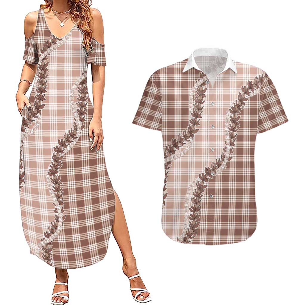 Beige Hawaii Palaka Couples Matching Summer Maxi Dress and Hawaiian Shirt Hawaiian Pikake Lei LT05 Beige - Polynesian Pride