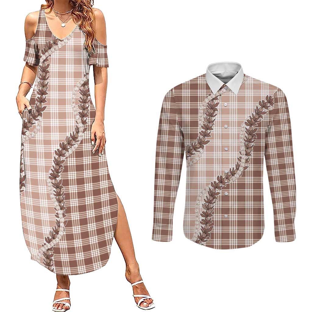 Beige Hawaii Palaka Couples Matching Summer Maxi Dress and Long Sleeve Button Shirt Hawaiian Pikake Lei LT05 Beige - Polynesian Pride