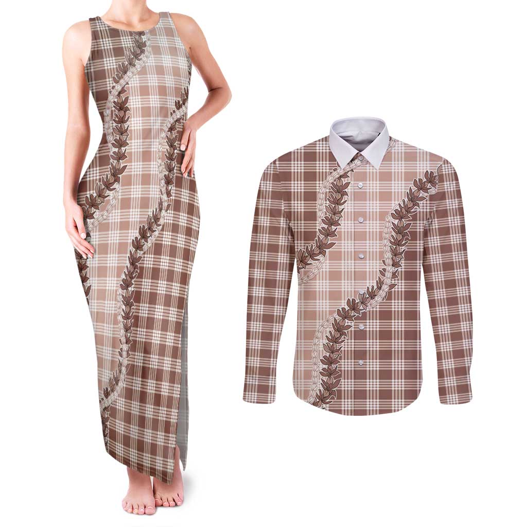 Beige Hawaii Palaka Couples Matching Tank Maxi Dress and Long Sleeve Button Shirt Hawaiian Pikake Lei LT05 Beige - Polynesian Pride