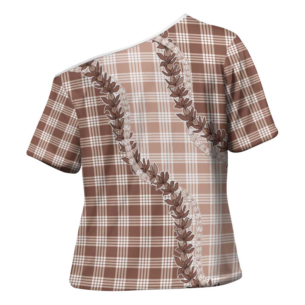 Beige Hawaii Palaka Cross Shoulder Shirt Hawaiian Pikake Lei