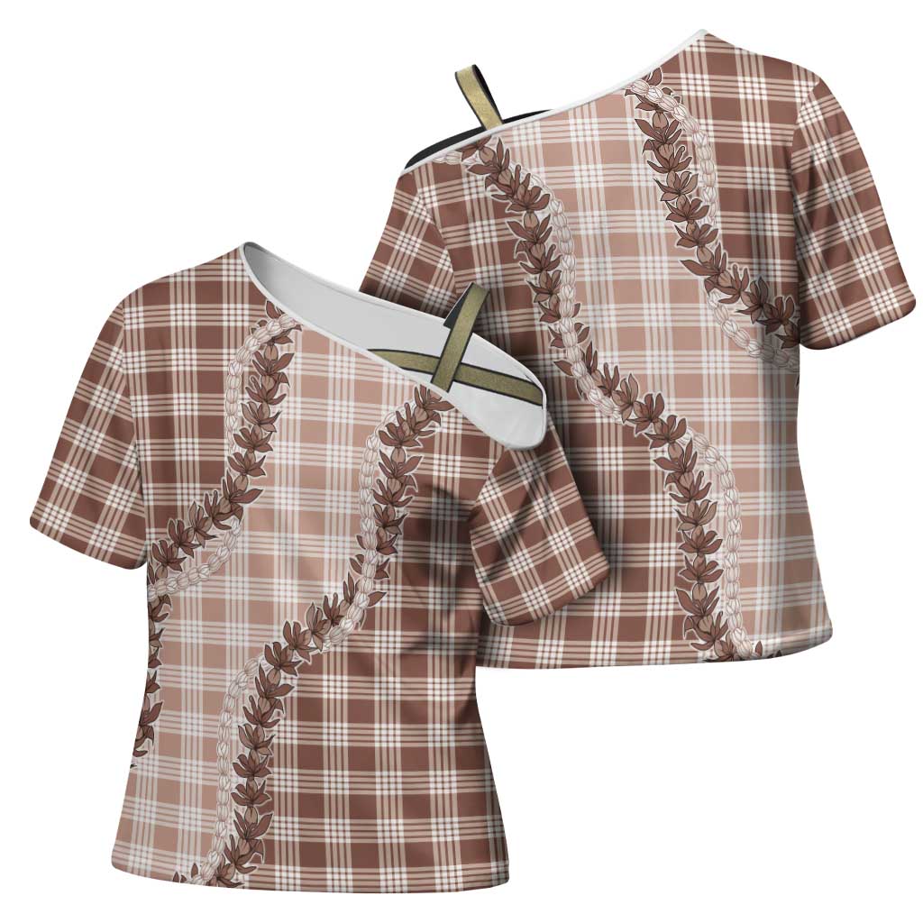 Beige Hawaii Palaka Cross Shoulder Shirt Hawaiian Pikake Lei