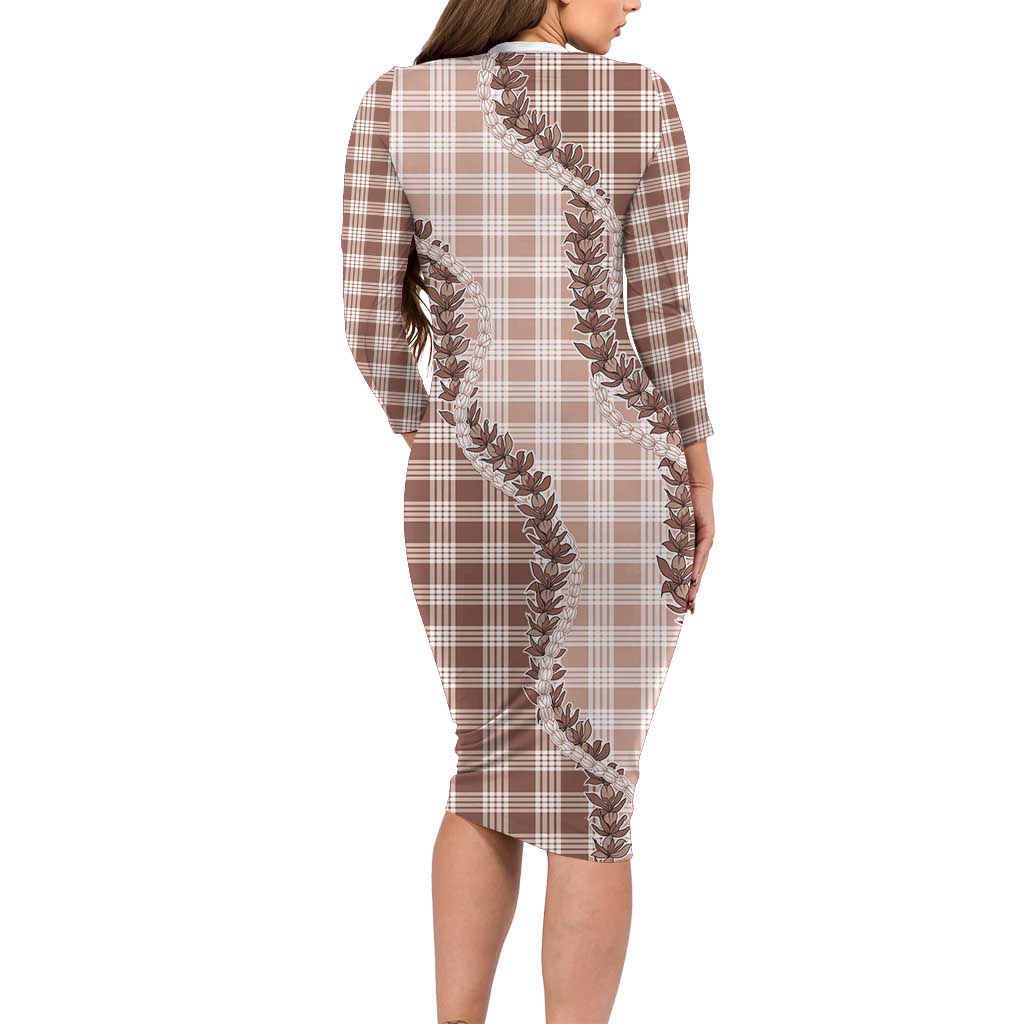 Beige Hawaii Palaka Family Matching Long Sleeve Bodycon Dress and Hawaiian Shirt Hawaiian Pikake Lei LT05 - Polynesian Pride
