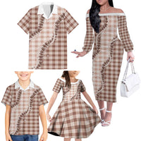 Beige Hawaii Palaka Family Matching Off The Shoulder Long Sleeve Dress and Hawaiian Shirt Hawaiian Pikake Lei LT05 - Polynesian Pride