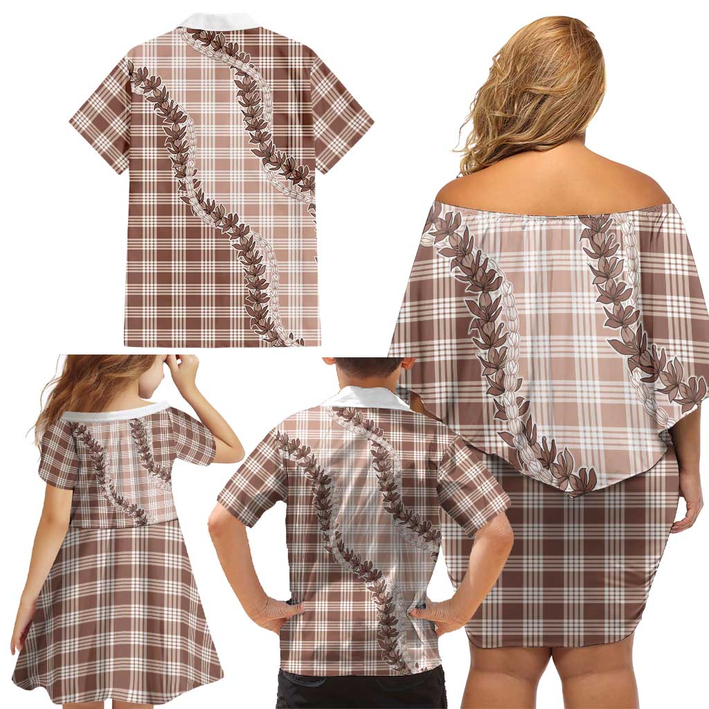 Beige Hawaii Palaka Family Matching Off Shoulder Short Dress and Hawaiian Shirt Hawaiian Pikake Lei LT05 - Polynesian Pride