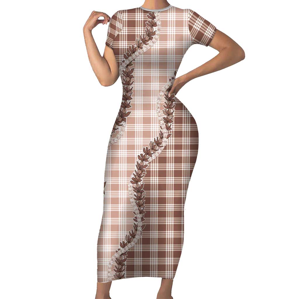 Beige Hawaii Palaka Family Matching Short Sleeve Bodycon Dress and Hawaiian Shirt Hawaiian Pikake Lei LT05 Mom's Dress Beige - Polynesian Pride