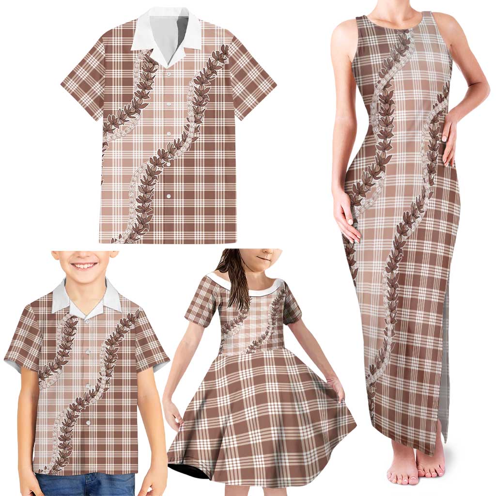 Beige Hawaii Palaka Family Matching Tank Maxi Dress and Hawaiian Shirt Hawaiian Pikake Lei LT05 - Polynesian Pride