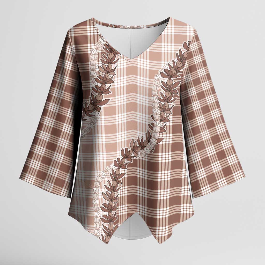 Beige Hawaii Palaka Kimono Sleeve Blouse Hawaiian Pikake Lei