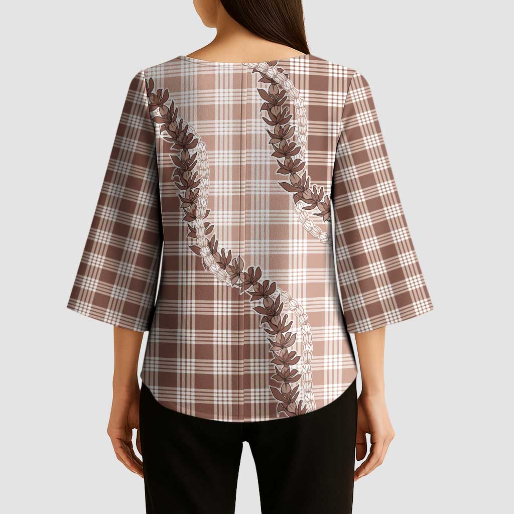 Beige Hawaii Palaka Kimono Sleeve Blouse Hawaiian Pikake Lei