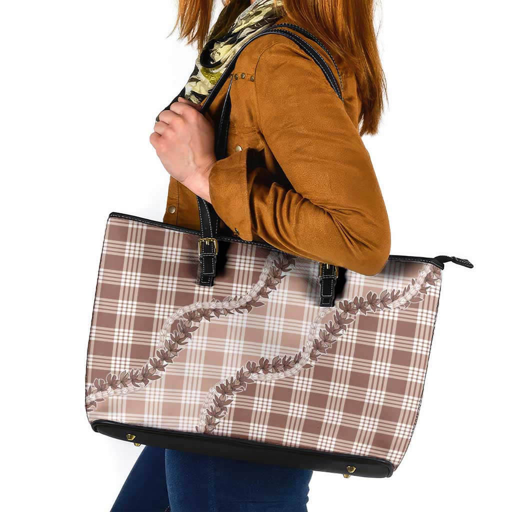 Beige Hawaii Palaka Leather Tote Bag Hawaiian Pikake Lei LT05 Beige - Polynesian Pride