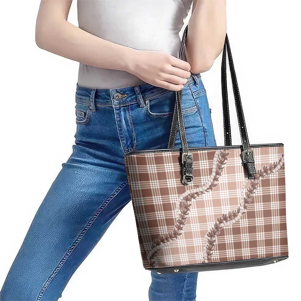 Beige Hawaii Palaka Leather Tote Bag Hawaiian Pikake Lei LT05 - Polynesian Pride