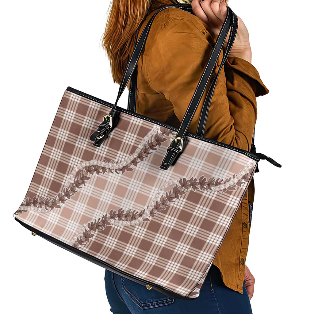 Beige Hawaii Palaka Leather Tote Bag Hawaiian Pikake Lei LT05 - Polynesian Pride
