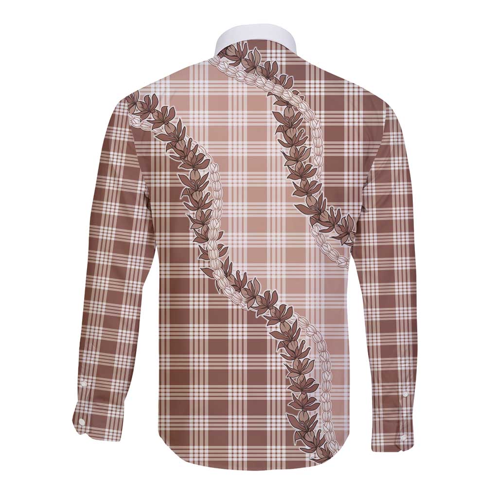 Beige Hawaii Palaka Long Sleeve Button Shirt Hawaiian Pikake Lei