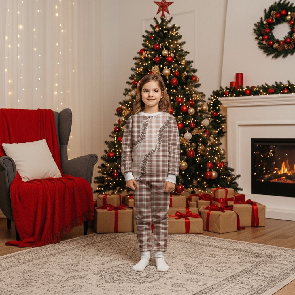 Beige Hawaii Palaka Christmas Pajama Set Hawaiian Pikake Lei