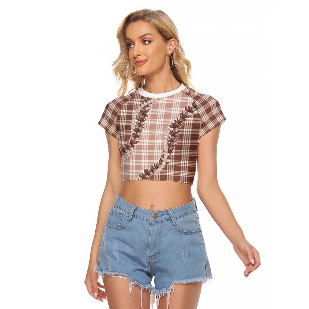 Beige Hawaii Palaka Raglan Cropped T Shirt Hawaiian Pikake Lei