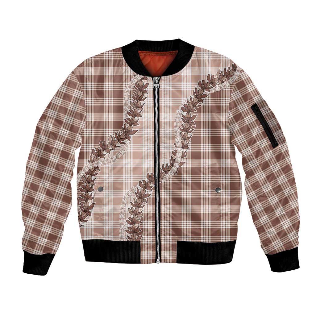 Beige Hawaii Palaka Sleeve Zip Bomber Jacket Hawaiian Pikake Lei