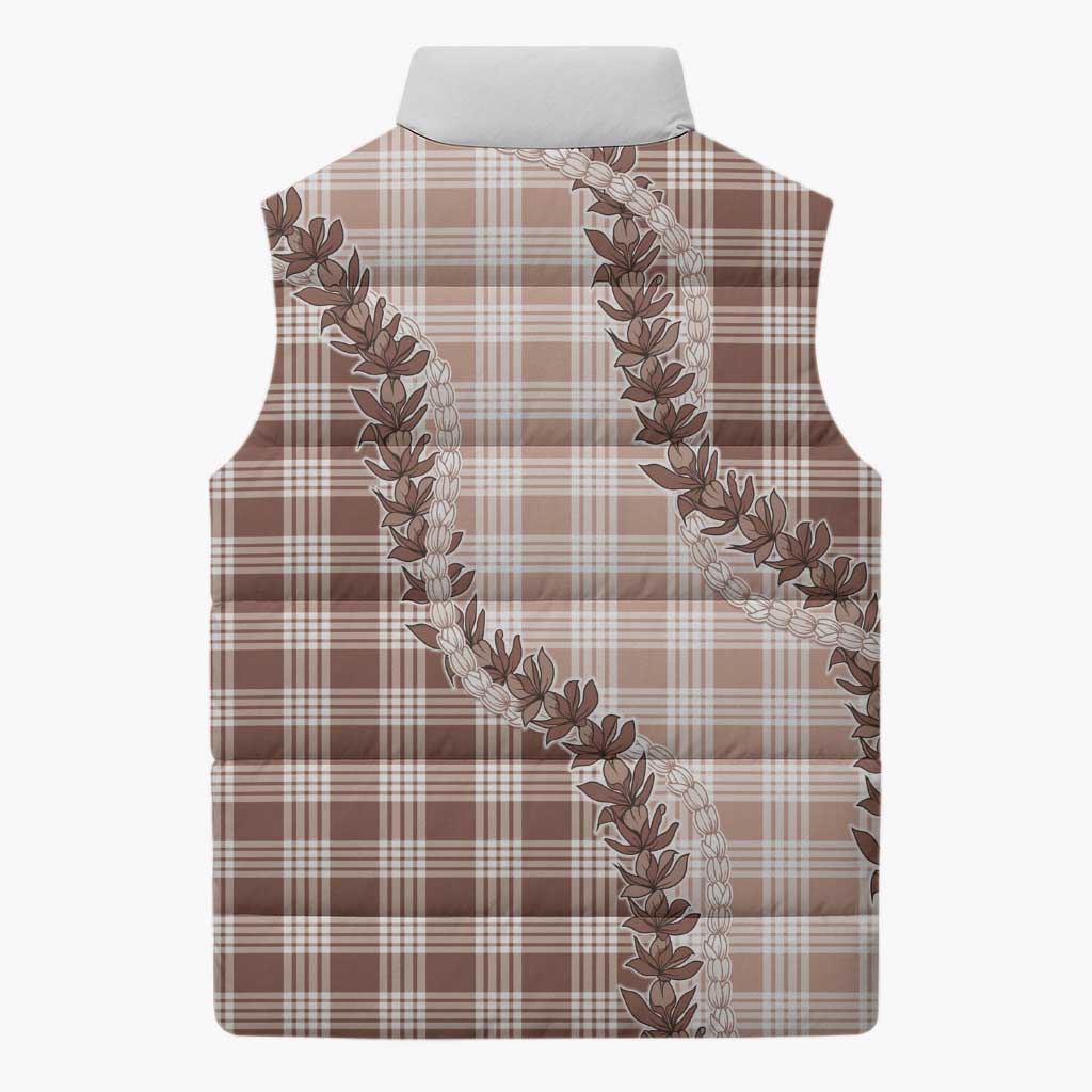 Beige Hawaii Palaka Sleeveless Puffer Jacket Hawaiian Pikake Lei