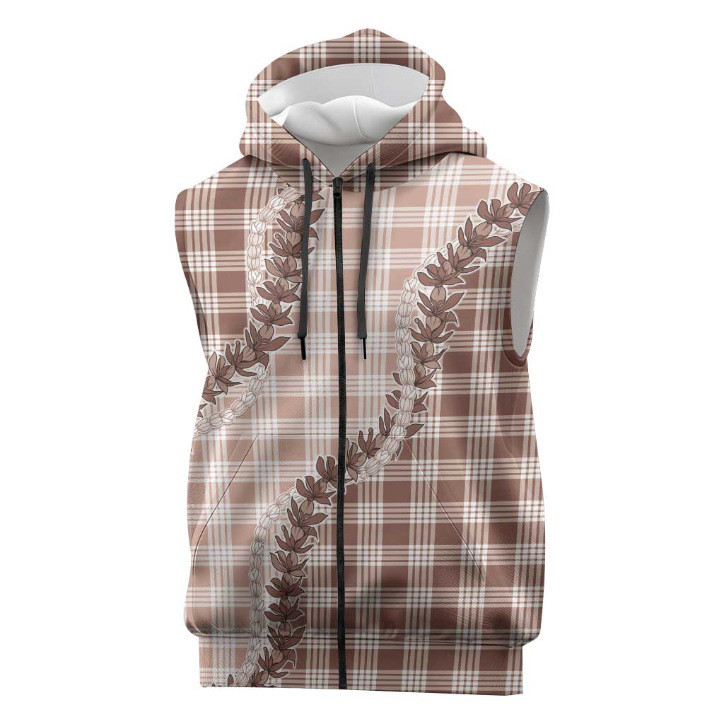 Beige Hawaii Palaka Sleeveless Zip Hoodie Hawaiian Pikake Lei
