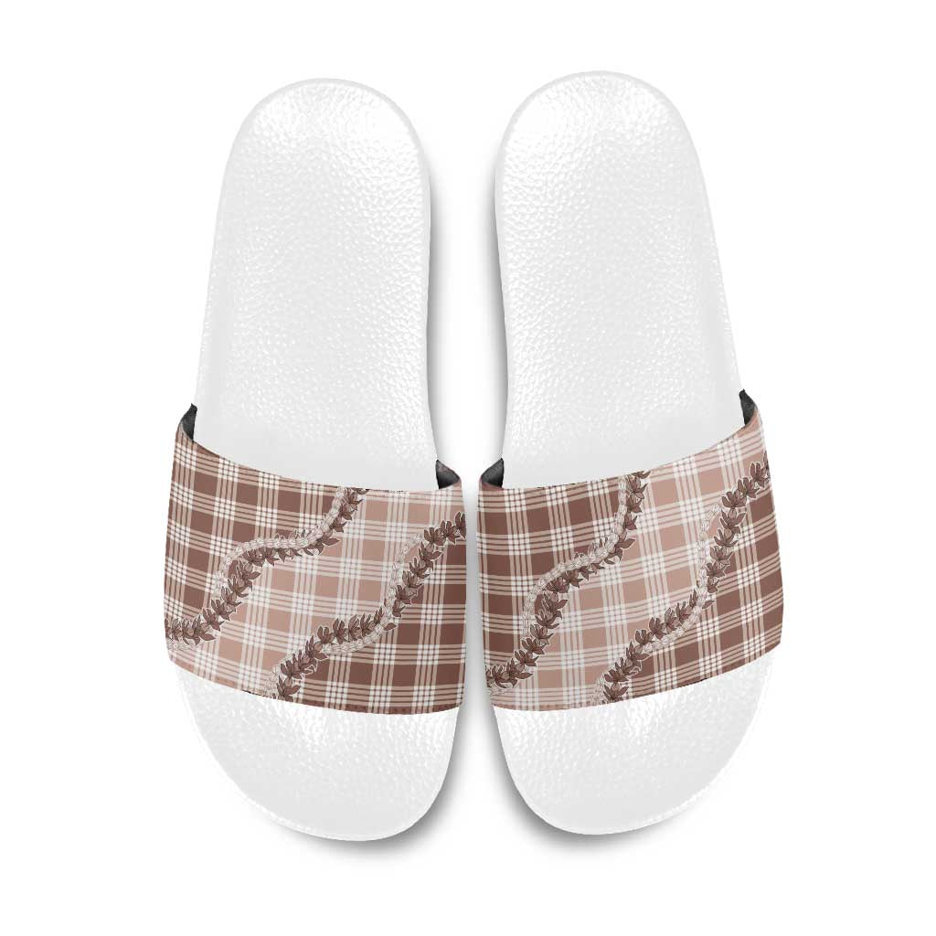Beige Hawaii Palaka Slide Sandals Hawaiian Pikake Lei
