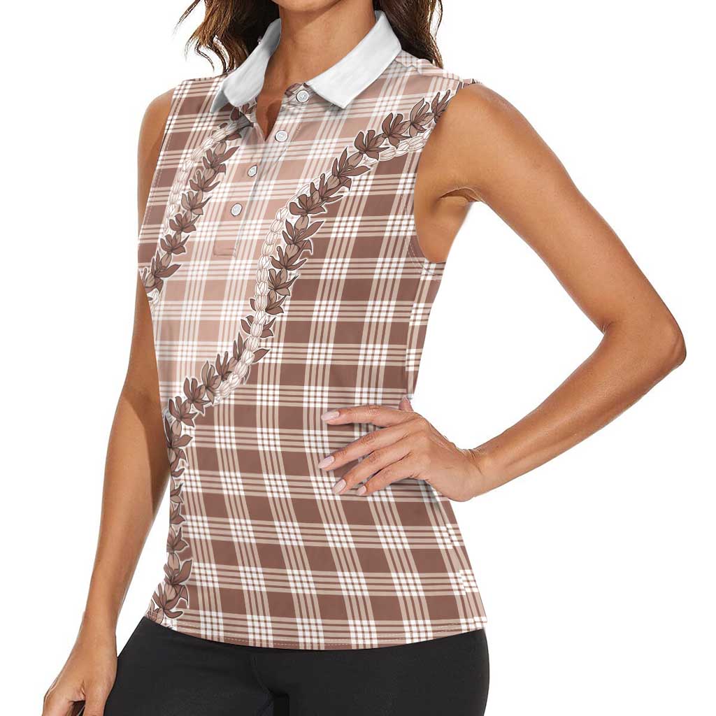 Beige Hawaii Palaka Women Sleeveless Polo Shirt Hawaiian Pikake Lei