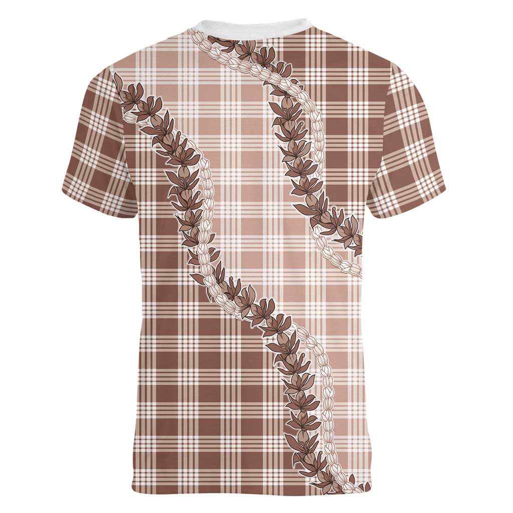 Beige Hawaii Palaka Women V-Neck T-Shirt Hawaiian Pikake Lei