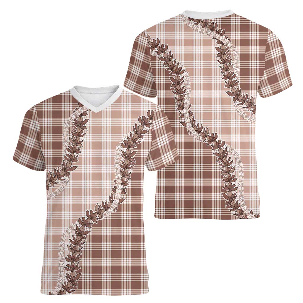 Beige Hawaii Palaka Women V-Neck T-Shirt Hawaiian Pikake Lei