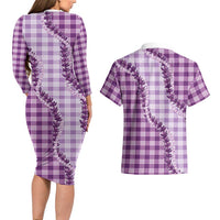 Violet Hawaii Palaka Couples Matching Long Sleeve Bodycon Dress and Hawaiian Shirt Hawaiian Pikake Lei LT05 - Polynesian Pride