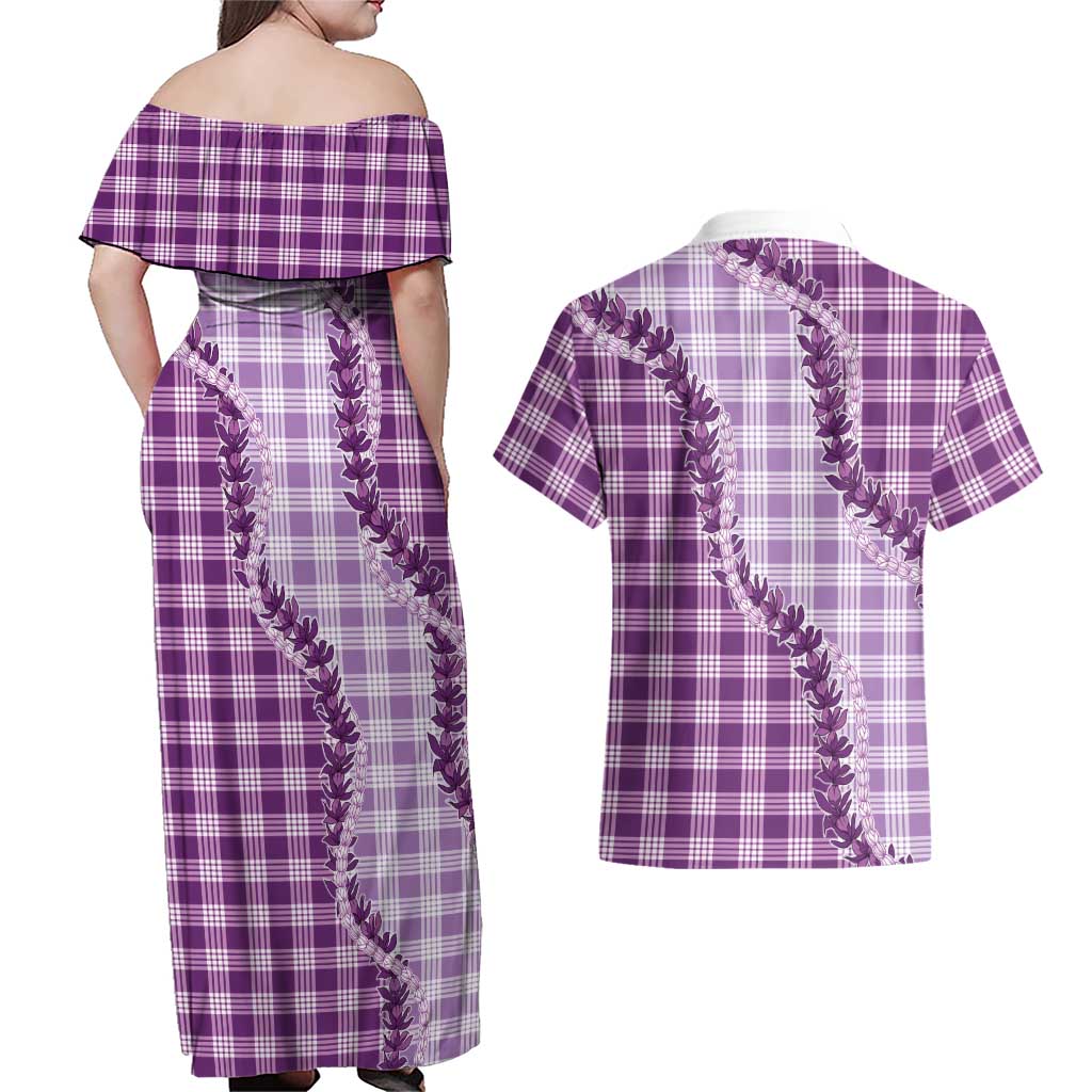 Violet Hawaii Palaka Couples Matching Off Shoulder Maxi Dress and Hawaiian Shirt Hawaiian Pikake Lei