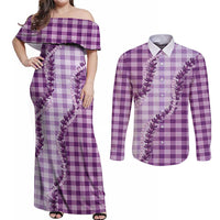 Violet Hawaii Palaka Couples Matching Off Shoulder Maxi Dress and Long Sleeve Button Shirt Hawaiian Pikake Lei