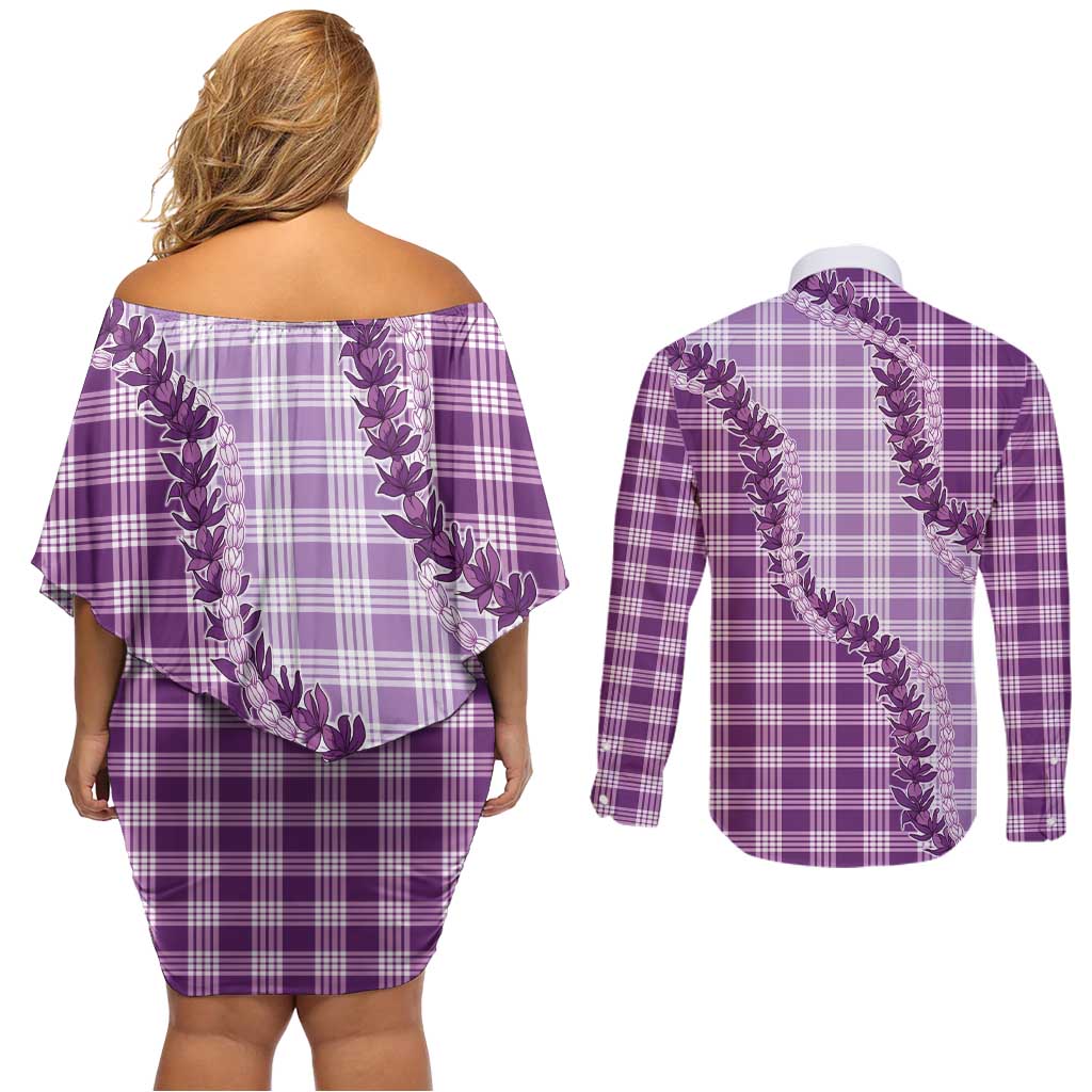 Violet Hawaii Palaka Couples Matching Off Shoulder Short Dress and Long Sleeve Button Shirt Hawaiian Pikake Lei