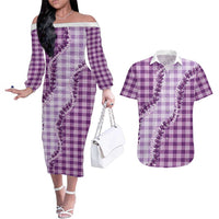 Violet Hawaii Palaka Couples Matching Off The Shoulder Long Sleeve Dress and Hawaiian Shirt Hawaiian Pikake Lei LT05 Violet - Polynesian Pride